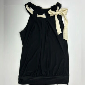 White House Black Market High neck black top with satin shoulder bow - Size S